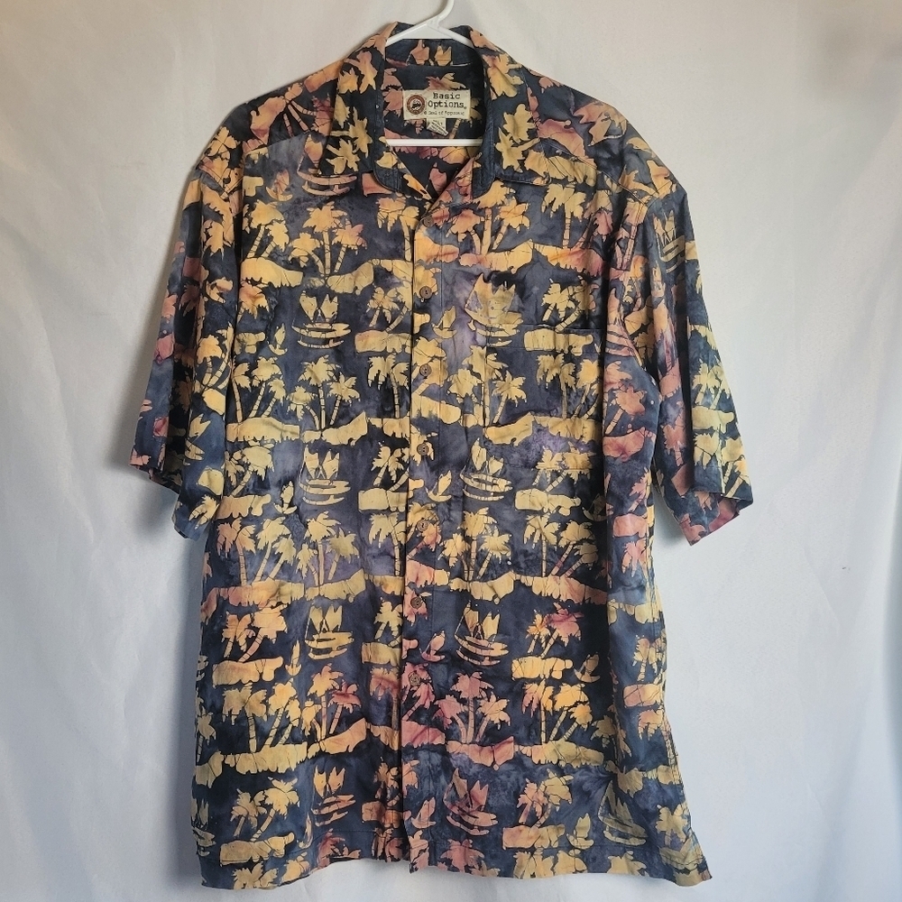 Basic Options Men's Palm Tree Mixed Color Button Up Short Sleeve Shirt Size XLT